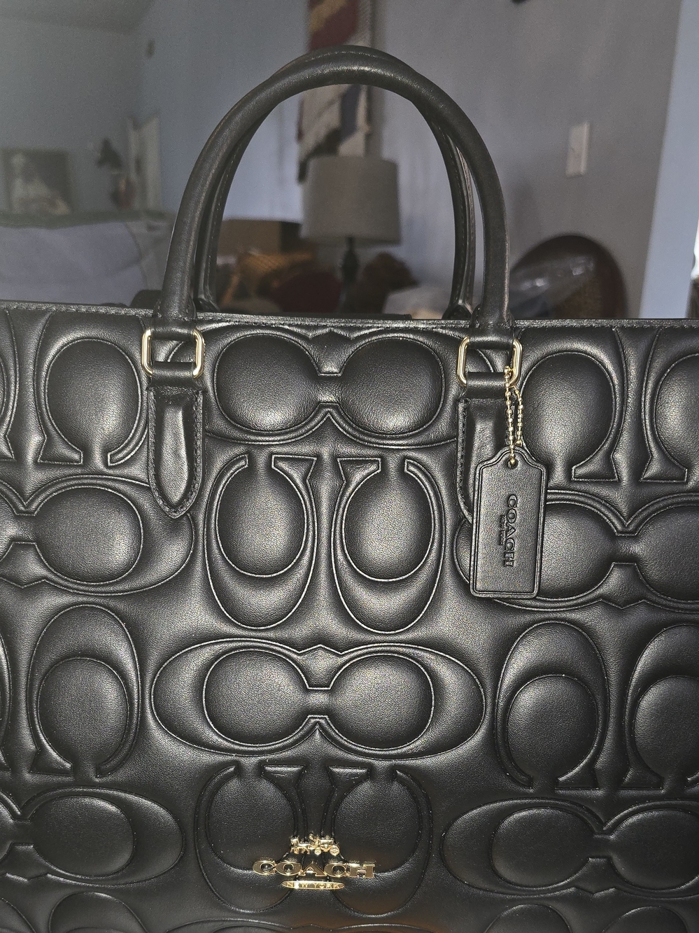 Coach Black Signature Leather Tote with Raised Logo